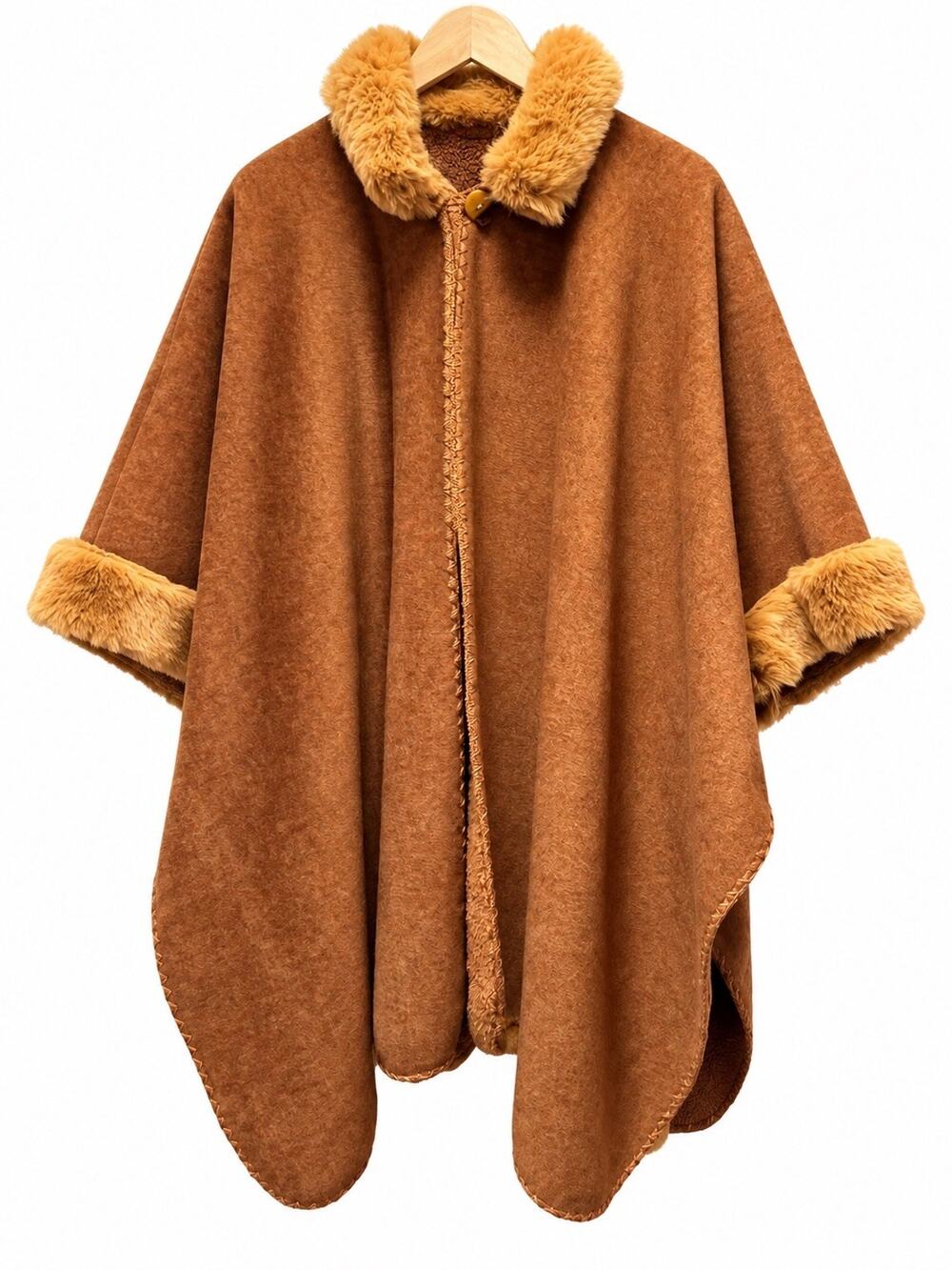 Ecuador Alpaca Cashmere Cape Poncho Womens Brown Fur Trim One Size Wrap Cloak